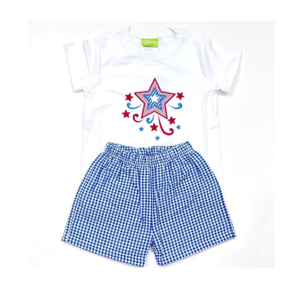 Classic Whimsy Happy Fourth Blue Gingham Short Set